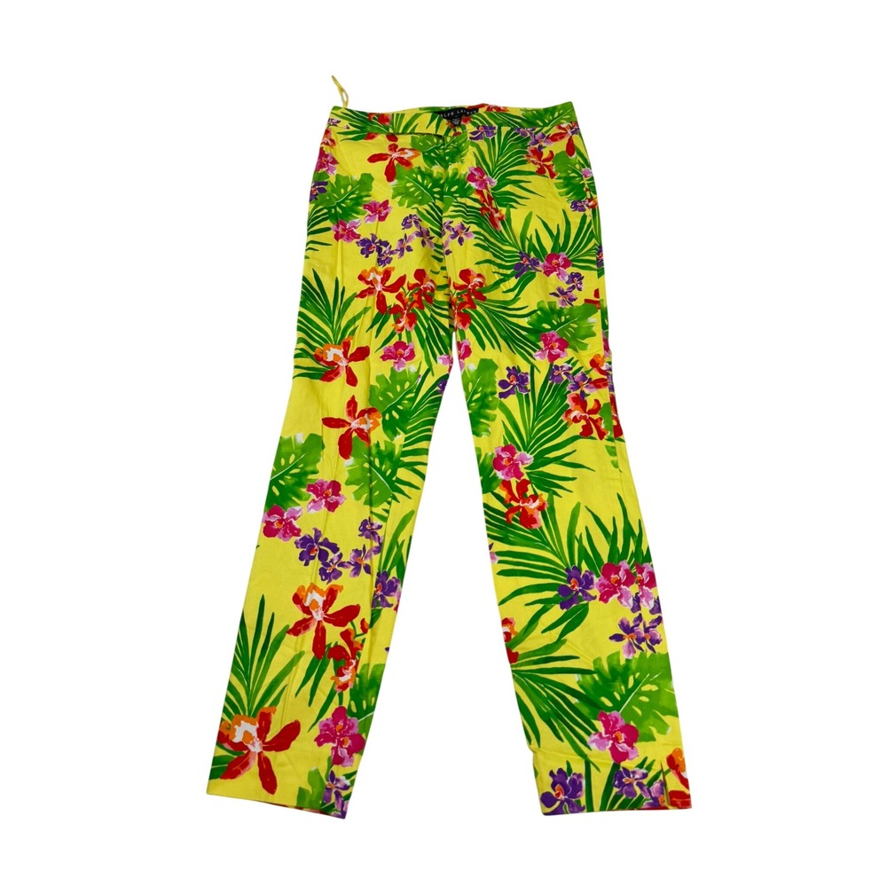 Ralph Lauren Women Yellow Tropical Floral Cotton Silk Blend Pants Size 4